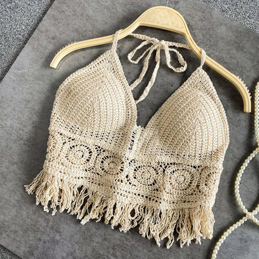 Sexy Boho Beach Holiday Camisole Halter Women Crochet Knit Swimsuit Bra Backless Vest Hollow Tassel Tank Top Women'S Crop Tops
