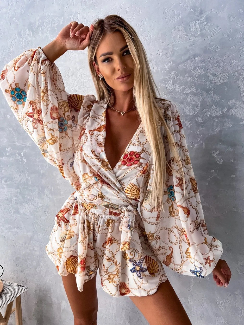 Sexy Deep V Neck Jumpsuit For Women Summer Casual Boho Beach Vacation Outfit Fashion Print Lantern Sleeve Rompers Shorts Women'S