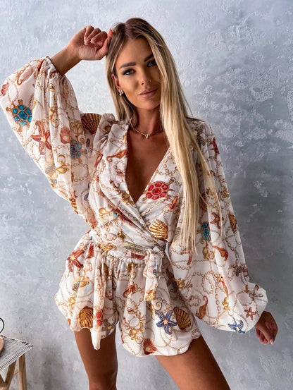 Sexy Deep V Neck Jumpsuit For Women Summer Casual Boho Beach Vacation Outfit Fashion Print Lantern Sleeve Rompers Shorts Women'S
