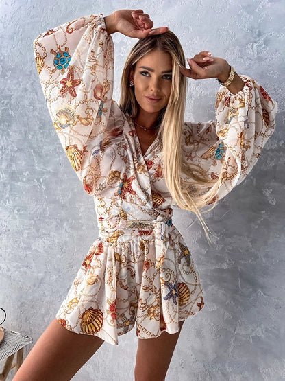Sexy Deep V Neck Jumpsuit For Women Summer Casual Boho Beach Vacation Outfit Fashion Print Lantern Sleeve Rompers Shorts Women'S
