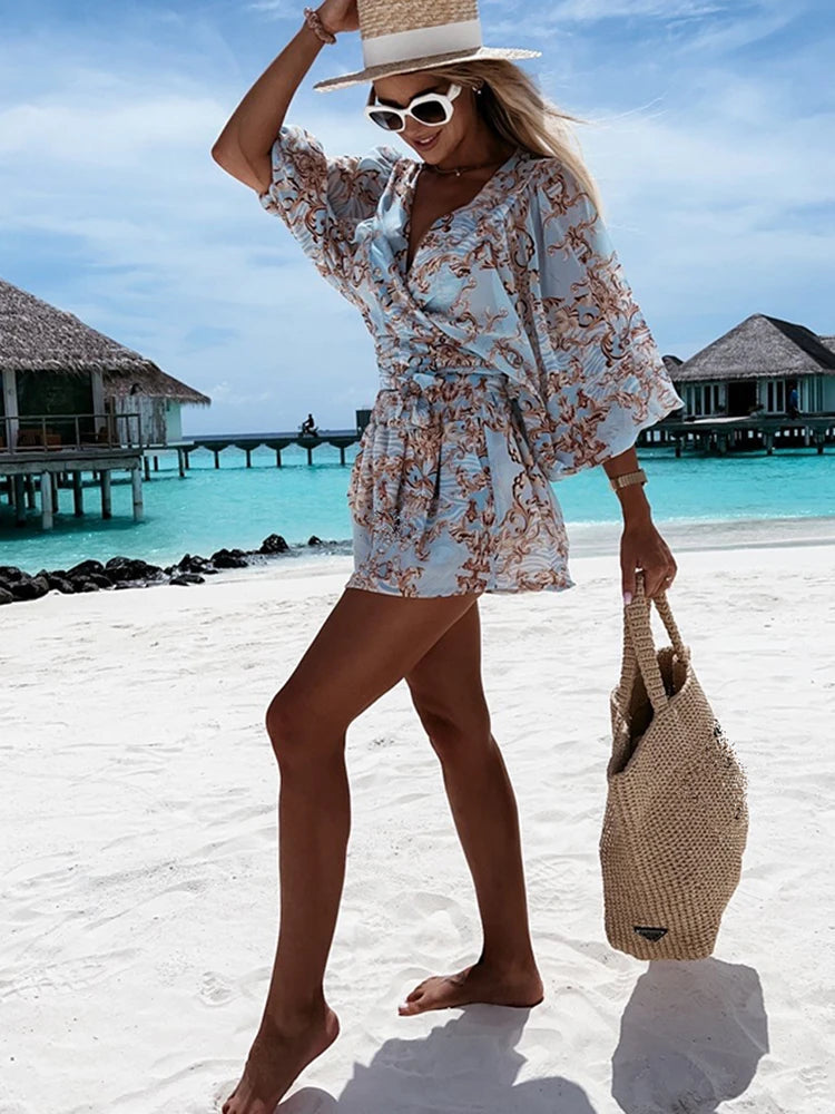 Sexy Deep V Neck Jumpsuit For Women Summer Casual Boho Beach Vacation Outfit Fashion Print Lantern Sleeve Rompers Shorts Women'S