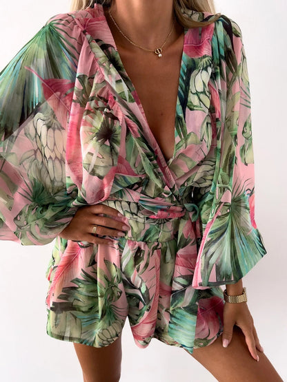 Sexy Deep V Neck Jumpsuit For Women Summer Casual Boho Beach Vacation Outfit Fashion Print Lantern Sleeve Rompers Shorts Women'S