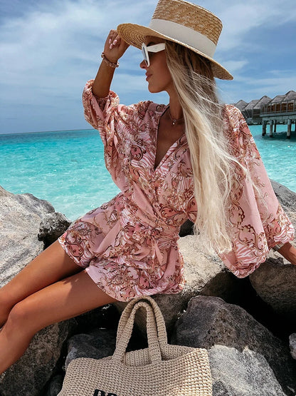 Sexy Deep V Neck Jumpsuit For Women Summer Casual Boho Beach Vacation Outfit Fashion Print Lantern Sleeve Rompers Shorts Women'S