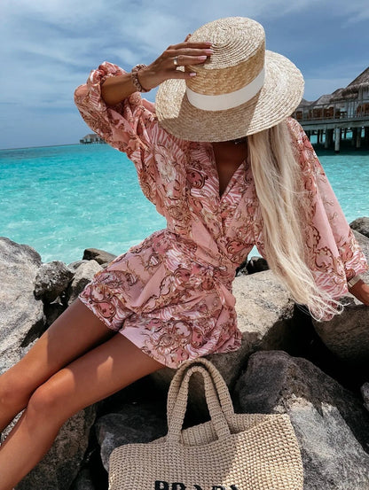 Sexy Deep V Neck Jumpsuit For Women Summer Casual Boho Beach Vacation Outfit Fashion Print Lantern Sleeve Rompers Shorts Women'S