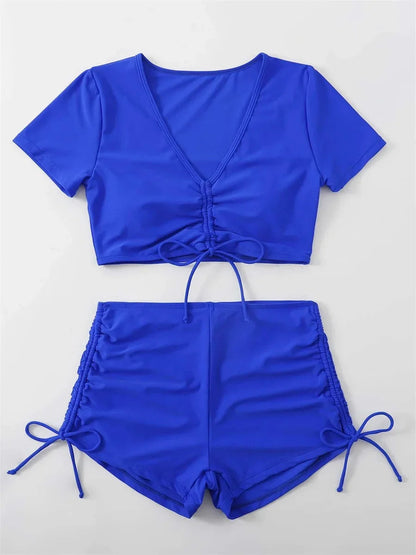 Sexy Drawstring Bikini Set 2024 Women Green Black Short Sleeve Two Piece Swimsuit Summer Bathing Suit Pleate High Waist Swimwear