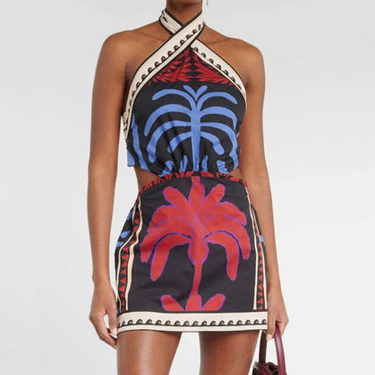 Sexy Halter Pattern Printed Mini Dress Summer Hollow Off Shoulder Bohemian Dress Women'S Fashion Lace Up Backless Short Dresses
