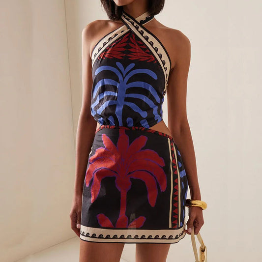 Sexy Halter Pattern Printed Mini Dress Summer Hollow Off Shoulder Bohemian Dress Women'S Fashion Lace Up Backless Short Dresses