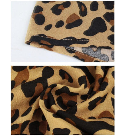 Sexy V Neck Buttons Leoprad Print Short Sleeve High Waist Summer Maxi Dress