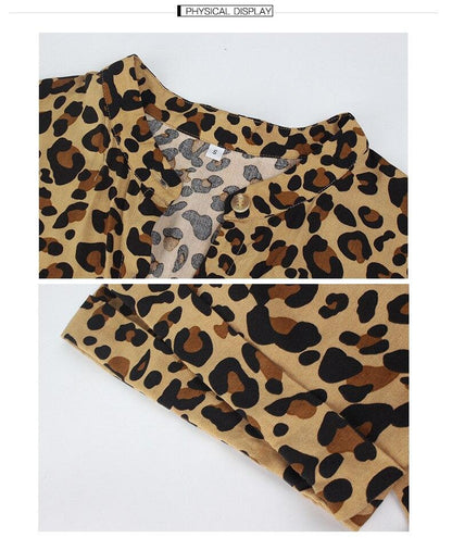 Sexy V Neck Buttons Leoprad Print Short Sleeve High Waist Summer Maxi Dress