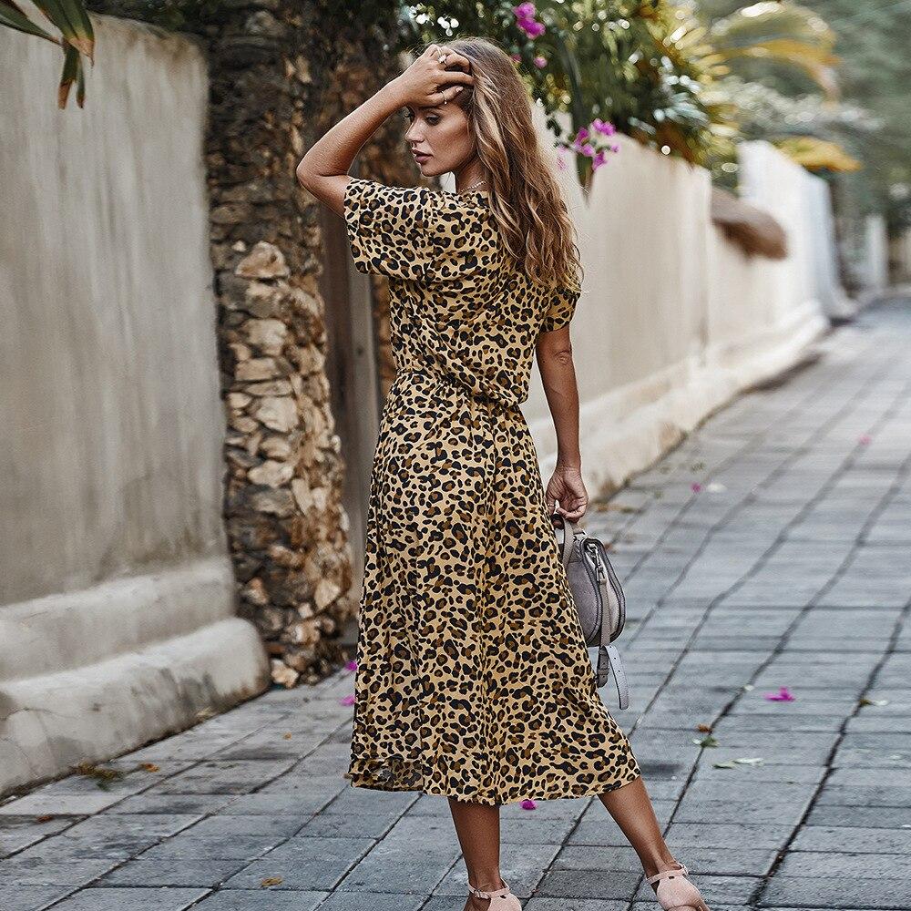 Sexy V Neck Buttons Leoprad Print Short Sleeve High Waist Summer Maxi Dress