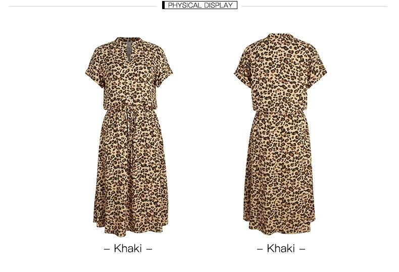 Sexy V Neck Buttons Leoprad Print Short Sleeve High Waist Summer Maxi Dress