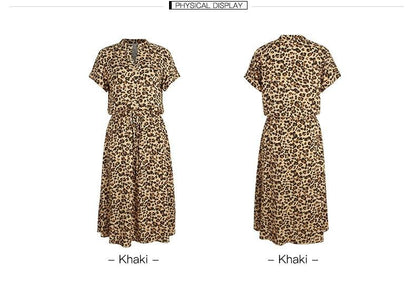 Sexy V Neck Buttons Leoprad Print Short Sleeve High Waist Summer Maxi Dress