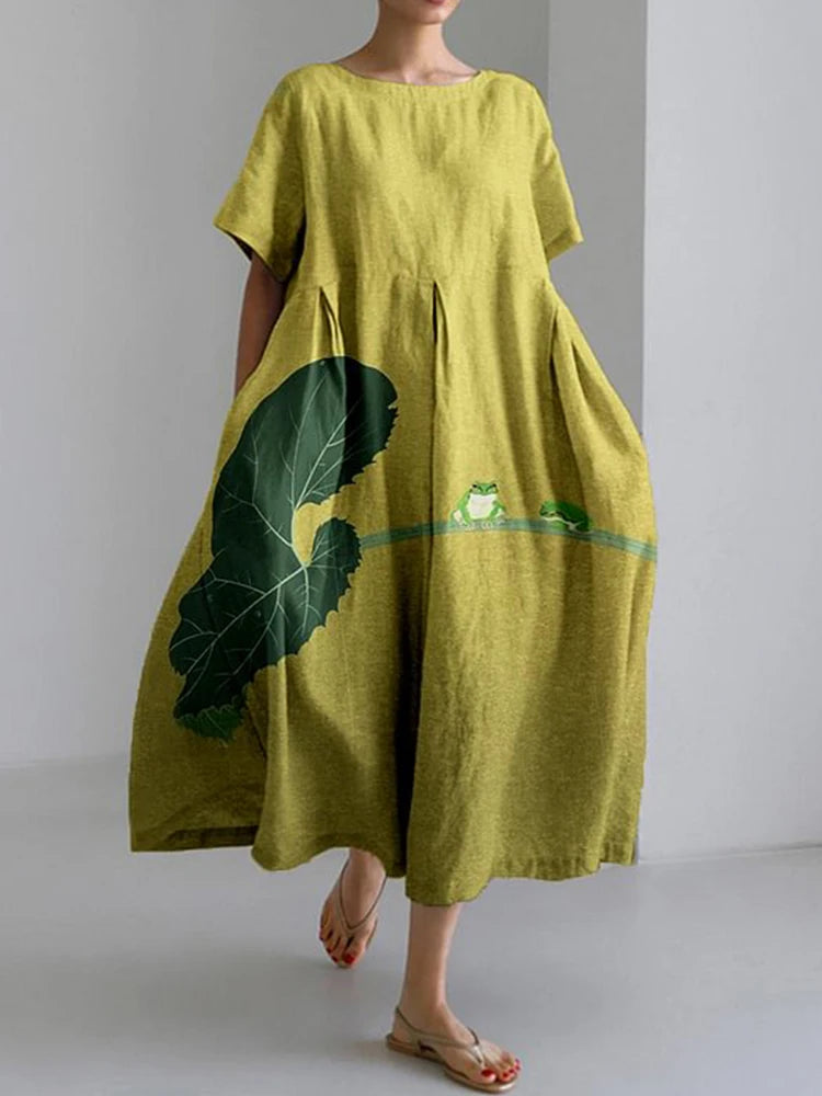 New Women'S Round Neck Long Casual Dress Summer Large Size Fresh Fish Print Dress Street Vacation Short-Sleeved Dress