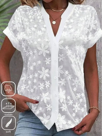 Cropped Shirt White Lace Blouse Eyelet Cut Embroidery Top Wear Hollow Out Women'S Summer Clothing