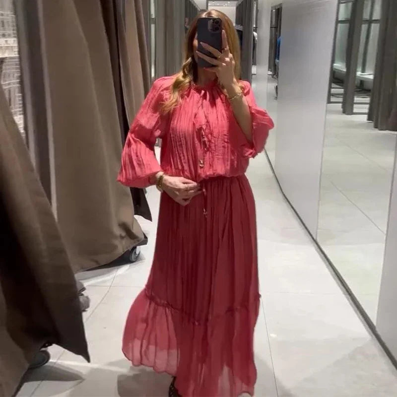 Loose Lace Up Ruched Skirts Sets Women V-Neck Lantern Sleeve Blouses Ruffles High Waist A-Line Skirt 2025 Summer Lady Outfits