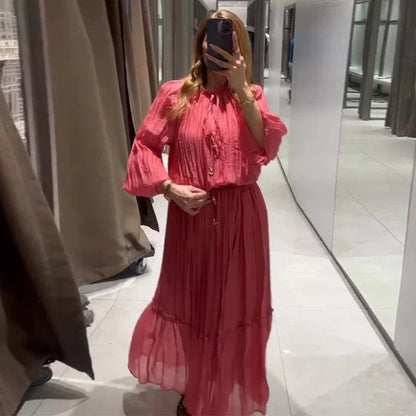 Loose Lace Up Ruched Skirts Sets Women V-Neck Lantern Sleeve Blouses Ruffles High Waist A-Line Skirt 2025 Summer Lady Outfits