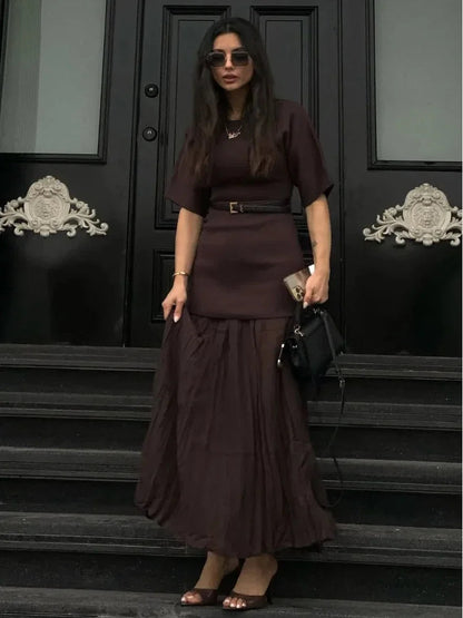 Elegant O Neck Short Sleeve Maxi Dress Women Fashion Solid Pleated Gauze Patchwork Dresses 2025 New Lady Office Commute Vestidos