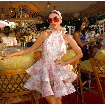 Floral Print Halter Ruffles Dresses Women'S Elegant Backless Sleeveless Bow Lace Up Mini Dress 2025 Summer New Lady Party Robes