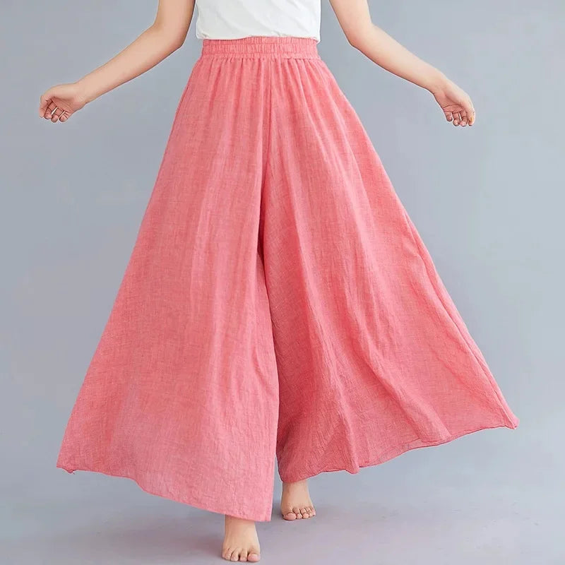2024 Sen Women'S Artistic Plus Size Cotton Linen Pants Skirt Elastic Waist Solid Color Ethnic Style Wide Leg Pants Skirt