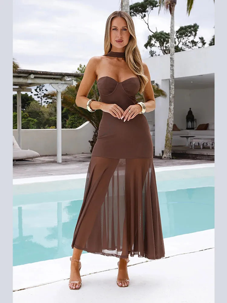 Elegant O Neck Short Sleeve Maxi Dress Women Fashion Solid Pleated Gauze Patchwork Dresses 2025 New Lady Office Commute Vestidos