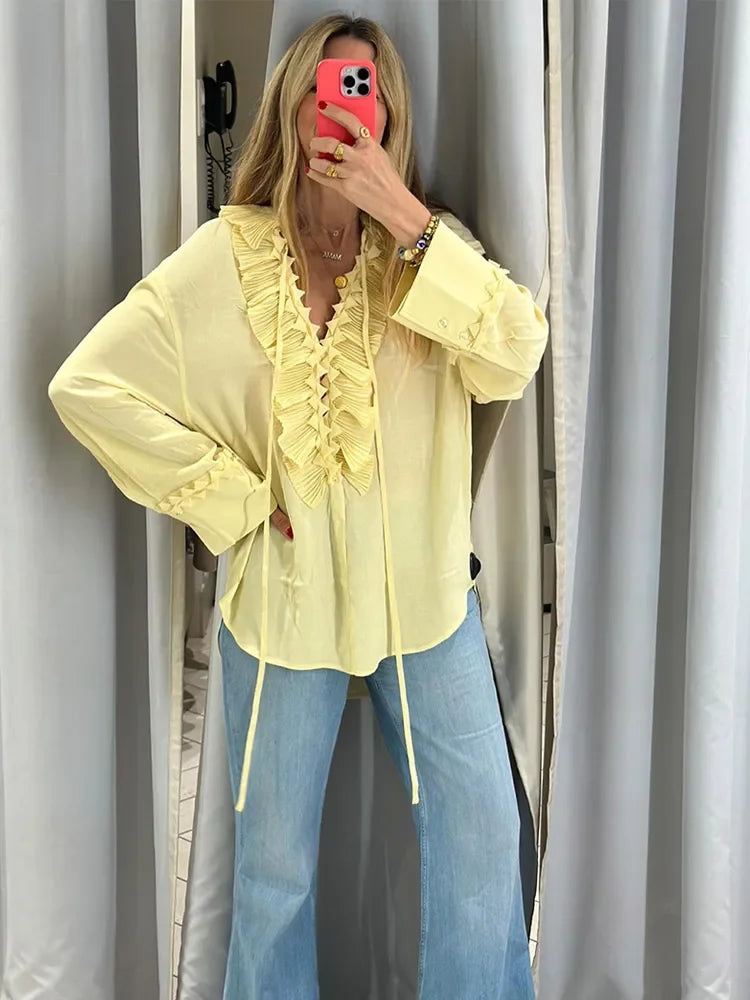 Yellow Casual Ruffles Lace-Up Shirts For Women Fashion Loose Long Sleeve V Neck Summer Blouse Lady Lightweight Holiday Tops 2025