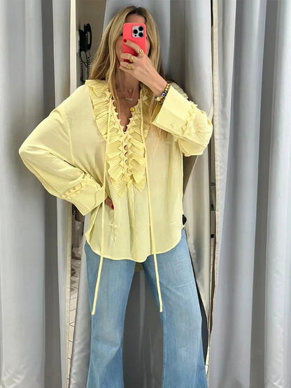 Yellow Casual Ruffles Lace-Up Shirts For Women Fashion Loose Long Sleeve V Neck Summer Blouse Lady Lightweight Holiday Tops 2025