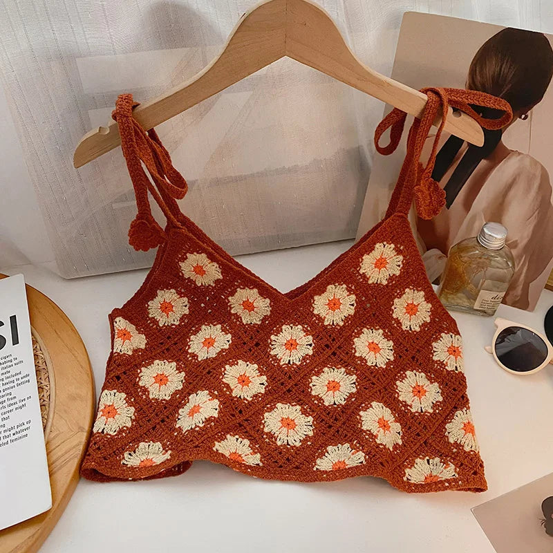 Floral Crochet Top With Tie Shoulder Strap Open-Knit Cami Tank Women Teengirl Boho Crop Top Summer Vacation Bohemian Clothes
