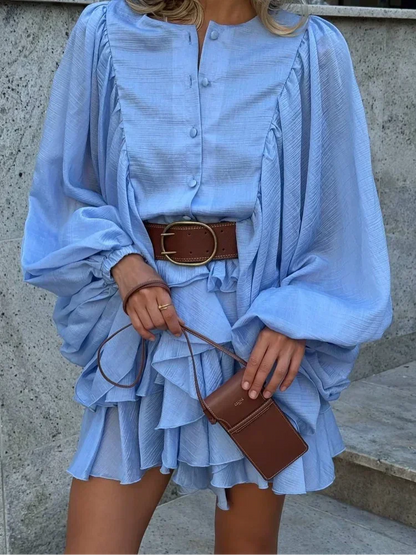 Women Single Breasted Ruffles Mini Dress Fashion Solid Long Lantern Sleeve Loose Hem Short Dresses Summer Casual Vocation Robe