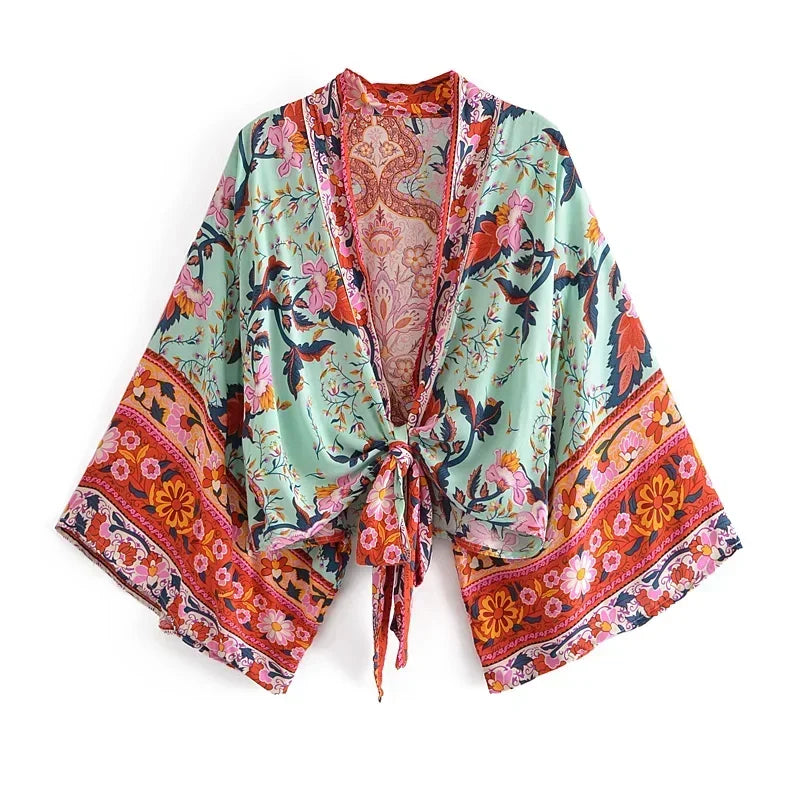 Happie Queens Floral Print Sashes Short  Kimono Women Fashion V Neck Batwing Sleeves Robe Lady Boho Bikini Cover-Ups