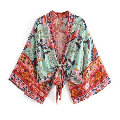 Happie Queens Floral Print Sashes Short  Kimono Women Fashion V Neck Batwing Sleeves Robe Lady Boho Bikini Cover-Ups
