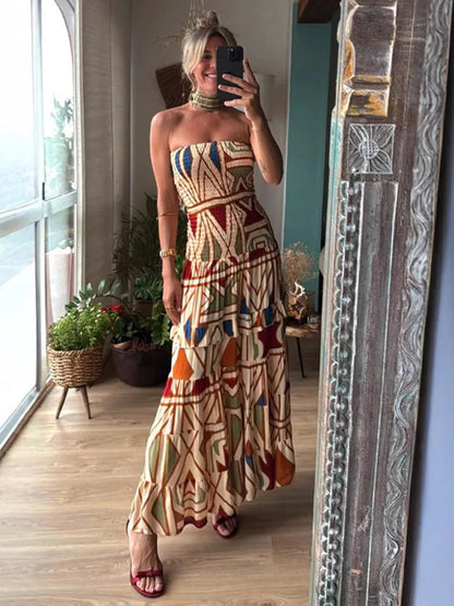 Fashion Printed Layered Curling Edge Patchwork Dresses Chic Full Sleeve Pleated U Neck Gown New Lady Vacation Highstreet Vestido