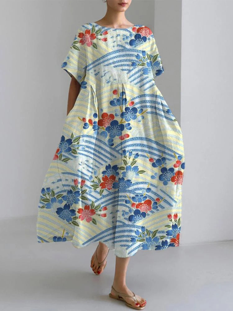New Women'S Round Neck Long Casual Dress Summer Large Size Fresh Fish Print Dress Street Vacation Short-Sleeved Dress