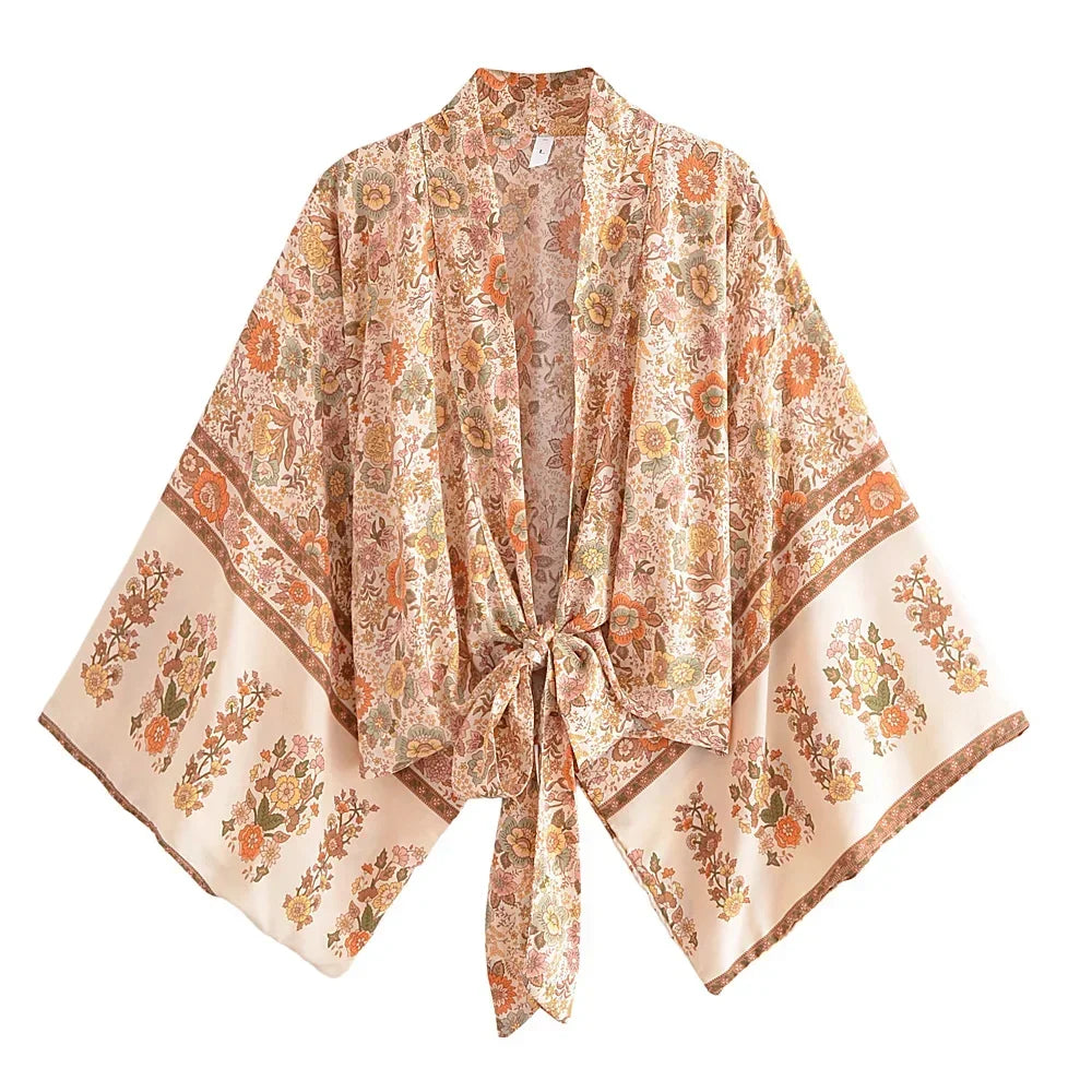 Happie Queens Floral Print Sashes Short  Kimono Women Fashion V Neck Batwing Sleeves Robe Lady Boho Bikini Cover-Ups