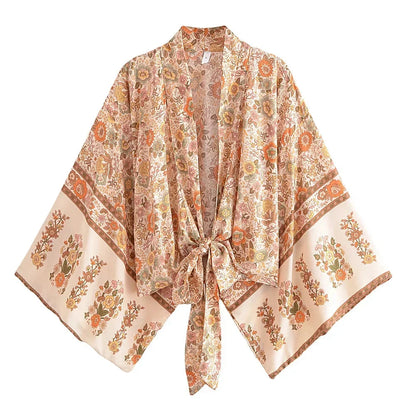 Happie Queens Floral Print Sashes Short  Kimono Women Fashion V Neck Batwing Sleeves Robe Lady Boho Bikini Cover-Ups