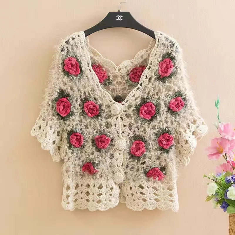 Three-Dimensional Flower Openwork Crocheted Sweater Cardigan Women'S Spring And Autumn New Heavy Industry Joker Sweater 3Xl Coat