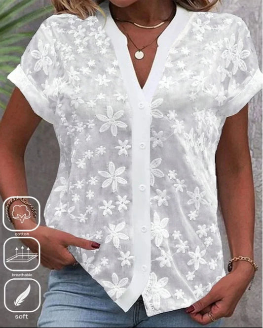 Cropped Shirt White Lace Blouse Eyelet Cut Embroidery Top Wear Hollow Out Women'S Summer Clothing