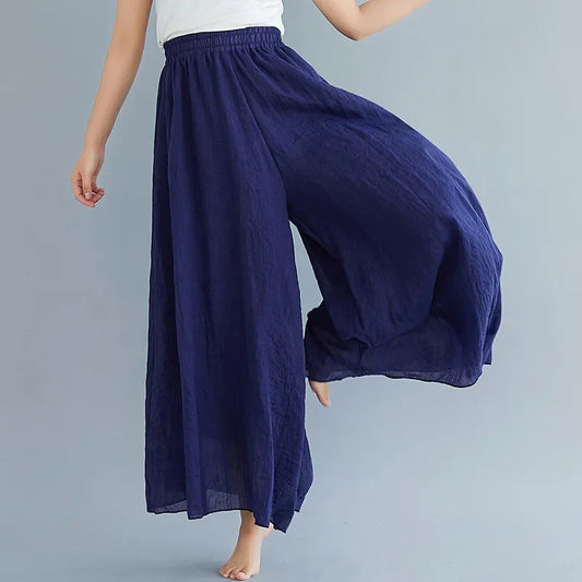 2024 Sen Women'S Artistic Plus Size Cotton Linen Pants Skirt Elastic Waist Solid Color Ethnic Style Wide Leg Pants Skirt