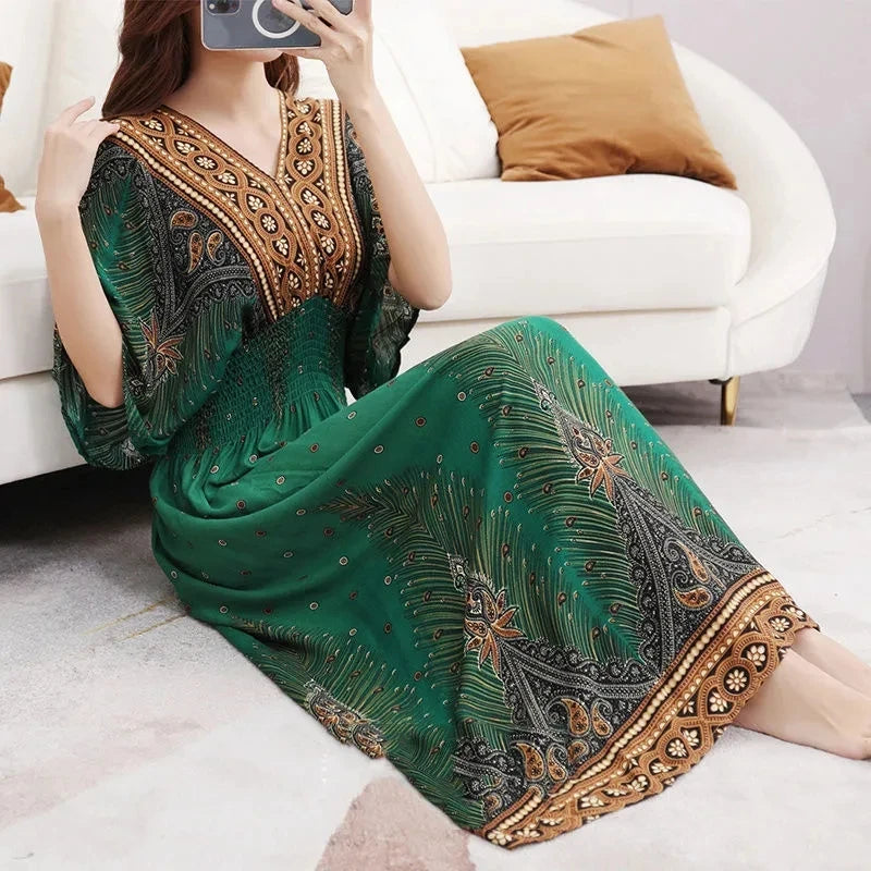 Casual Elegant Retro Bohemian National Style V-Neck Elastic  Waist Large Swing Printed Summer Long Skirt Woman Dress Clothes