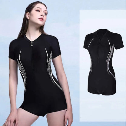 Women One Piece Waterproof Athletic Sun Protection Beach Swimwear Short Sleeve Quick-Drying Bathing Surfing Swimsuit