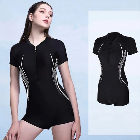 Women One Piece Waterproof Athletic Sun Protection Beach Swimwear Short Sleeve Quick-Drying Bathing Surfing Swimsuit