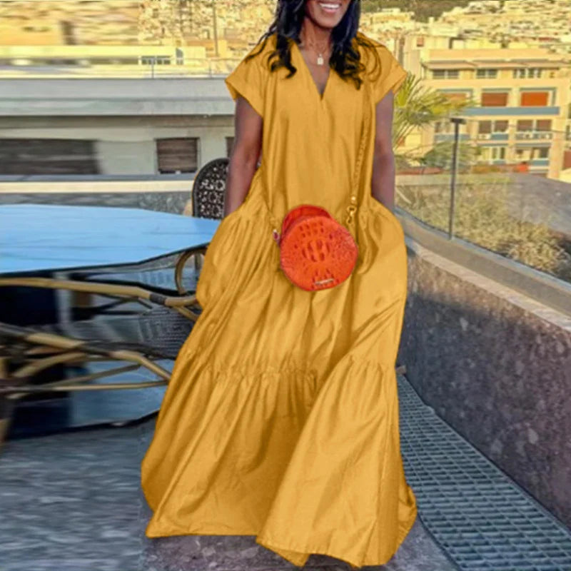 Plus Size Vonda Women Bohemian Dress 2025 Summer Sundress Solid Color Casual Short Sleeve Party Ruffled Vestidos V-Neck Robe