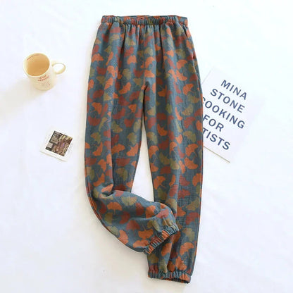 2025 New Spring Summer Women'S Pajamas 100% Cotton Crepe Pants Women'S Comfortable Loose Large Leaf Home Pants Thin Bottoms