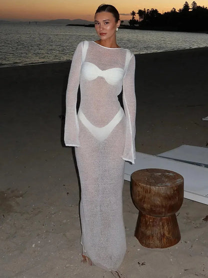 New Summer Solid Maxi Dresses Fashion Long Sleeves Deep Low Neck Back Hollow Out See Through Women Robes 2025 Chic Holiday Wear