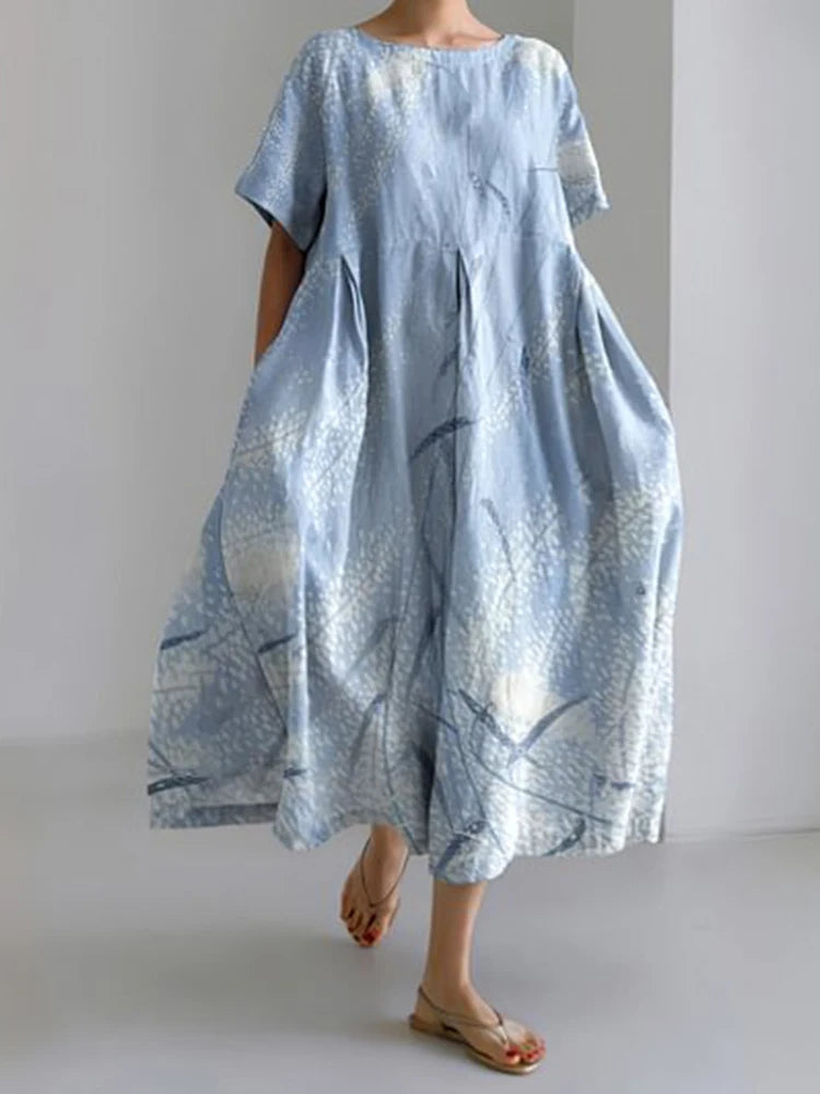 New Women'S Round Neck Long Casual Dress Summer Large Size Fresh Fish Print Dress Street Vacation Short-Sleeved Dress