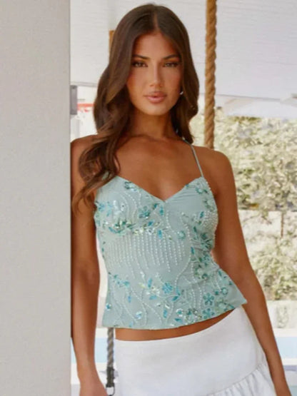 Fashion Solid Sequins Halter Crop Tops For Women Glitter Y2K Backless Lace-Up Slim V Neck Top Summer Party Camisole Tank Shirts