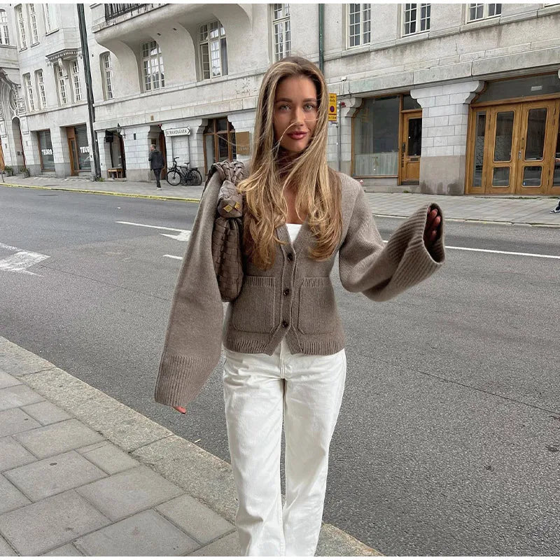 Knit Cardigan Women Autumn Gentle Solid Long Sleeve Single Breasted Female Sweaters V-Neek Pocket All Match Lady Knitwear 2024