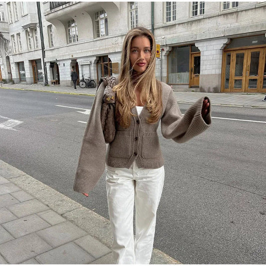 Knit Cardigan Women Autumn Gentle Solid Long Sleeve Single Breasted Female Sweaters V-Neek Pocket All Match Lady Knitwear 2024