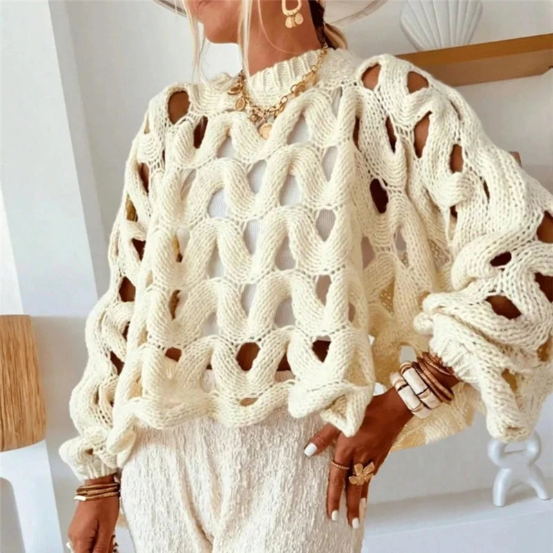 Sexy Hollow Out Long Sleeved Knitted Sweater Summer Beach O-Neck Crochet Pullover Casual Solid Color Women'S Loose Top Blouses