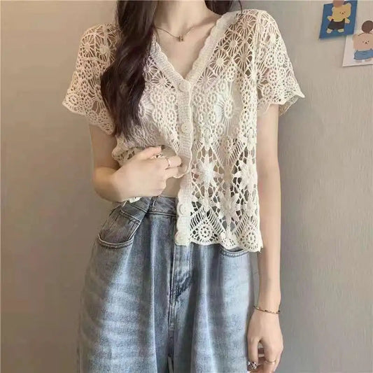 Sheer Crochet Top Button Front V-Neck Short Sleeve Open-Knit Embroidery Blouse Women Summer Boho Vacation Outfit