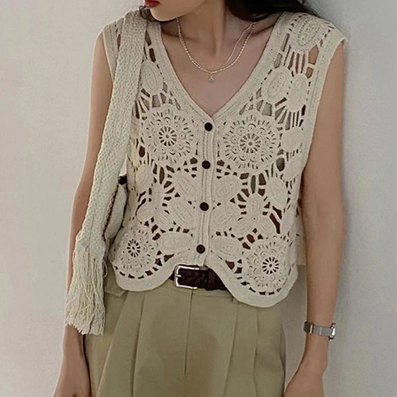 Sheer Crochet Top Embroidery Lace Blouse Cardigan Sleeveless Open-Knit Crop Tops For Women Spring Summer Boho Vacation Outfit